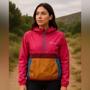 Cotopaxi Women's Multicolor Rain Jacket - Red, Blue, Tan